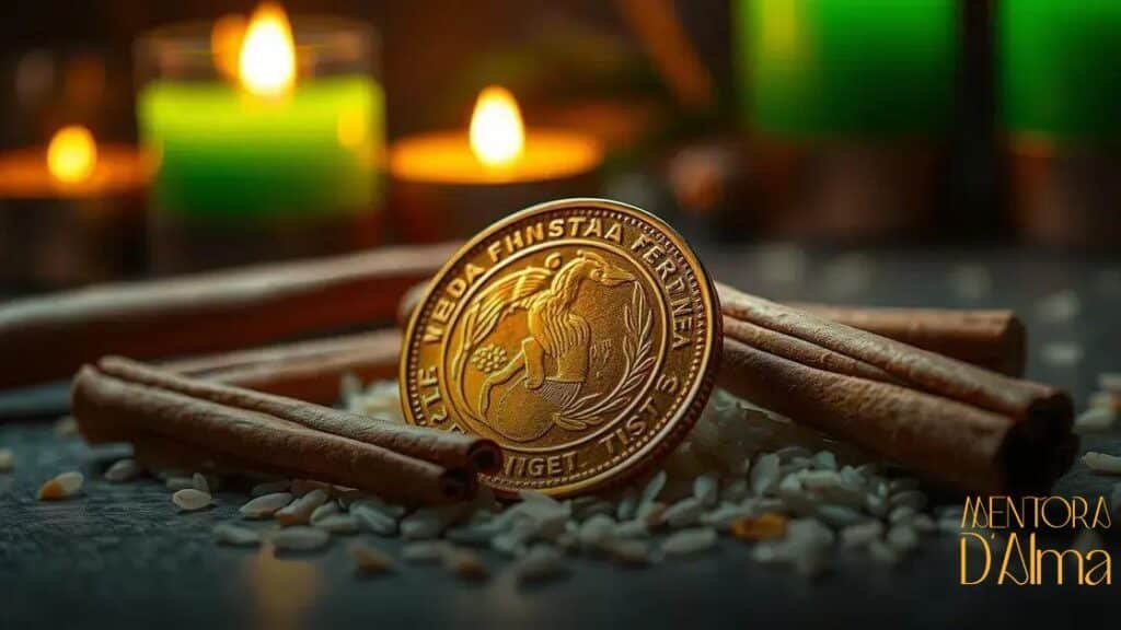 Moeda dourada com arroz e canela e velas verdes: descubra seus segredos e usos