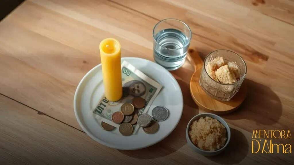 Prato branco com vela amarela, nota, moeda, água e açúcar mascavo: descubra o significado oculto
