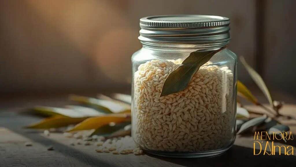 Simpatia do louro com arroz cru e folha de louro num pote vedado para atrair energias boas