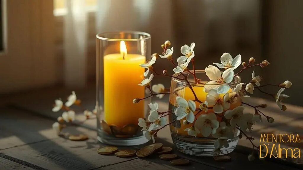 Vela amarela, flores brancas e moedas em vaso: descubra seus significados e benefícios